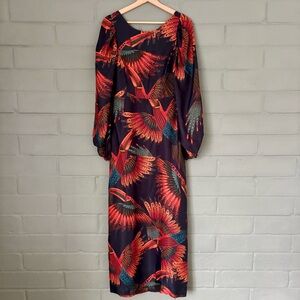 FARM Rio Black Midi Dress with Red & Orange Bird Print